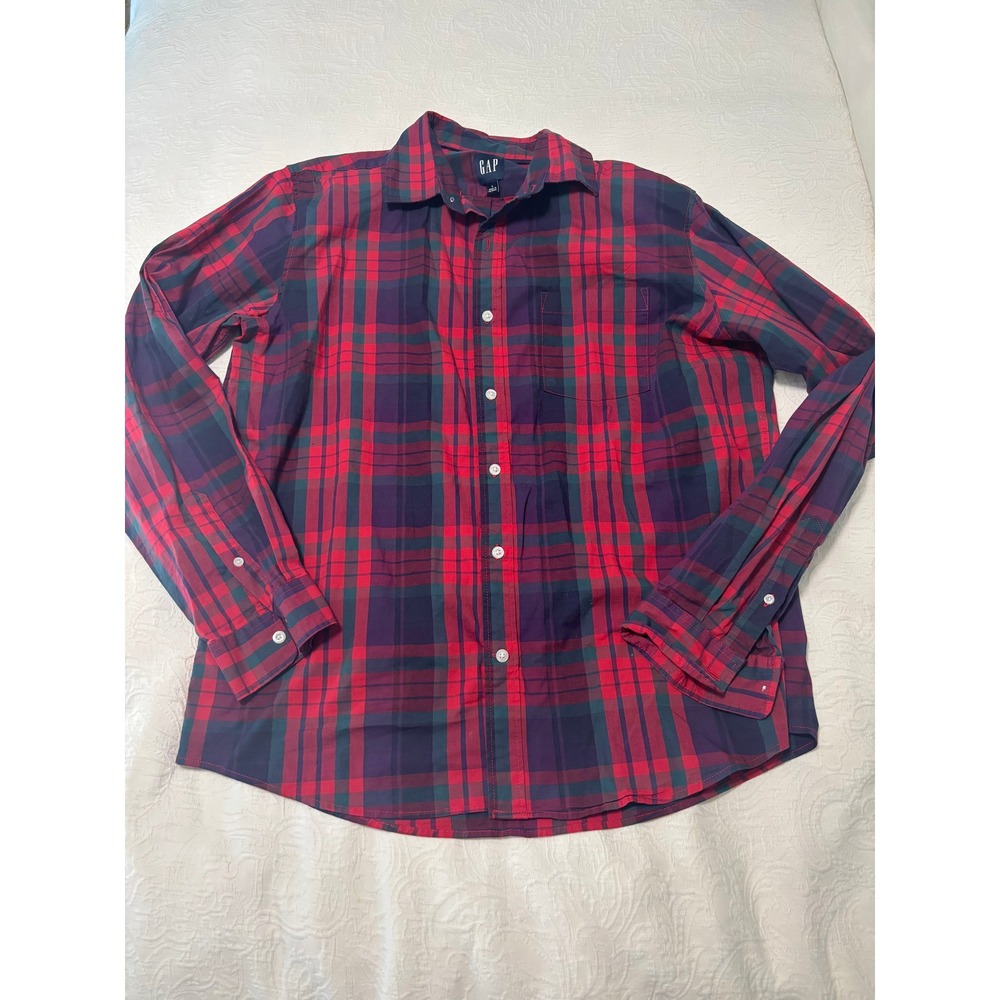 GAP Large Red Navy Plaid Long Sleeve Button Down Shirt Cotton Blend